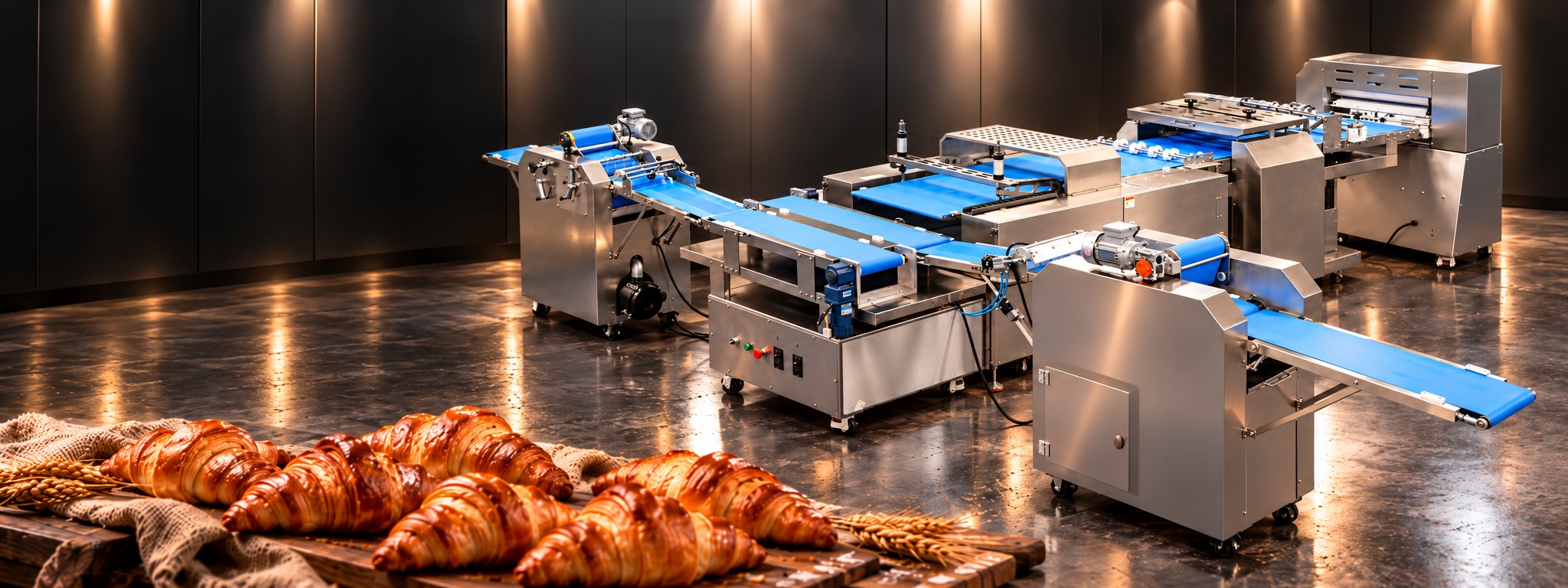 Croissant production line with blue conveyors and stainless steel forming equipment