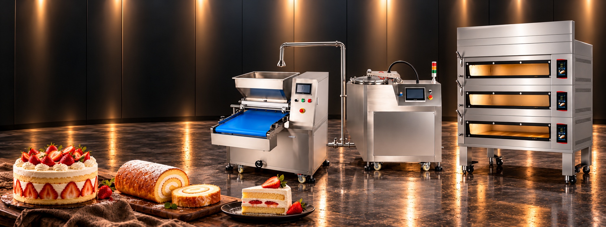 Cake production equipment with depositor, processing unit and three deck bakery oven